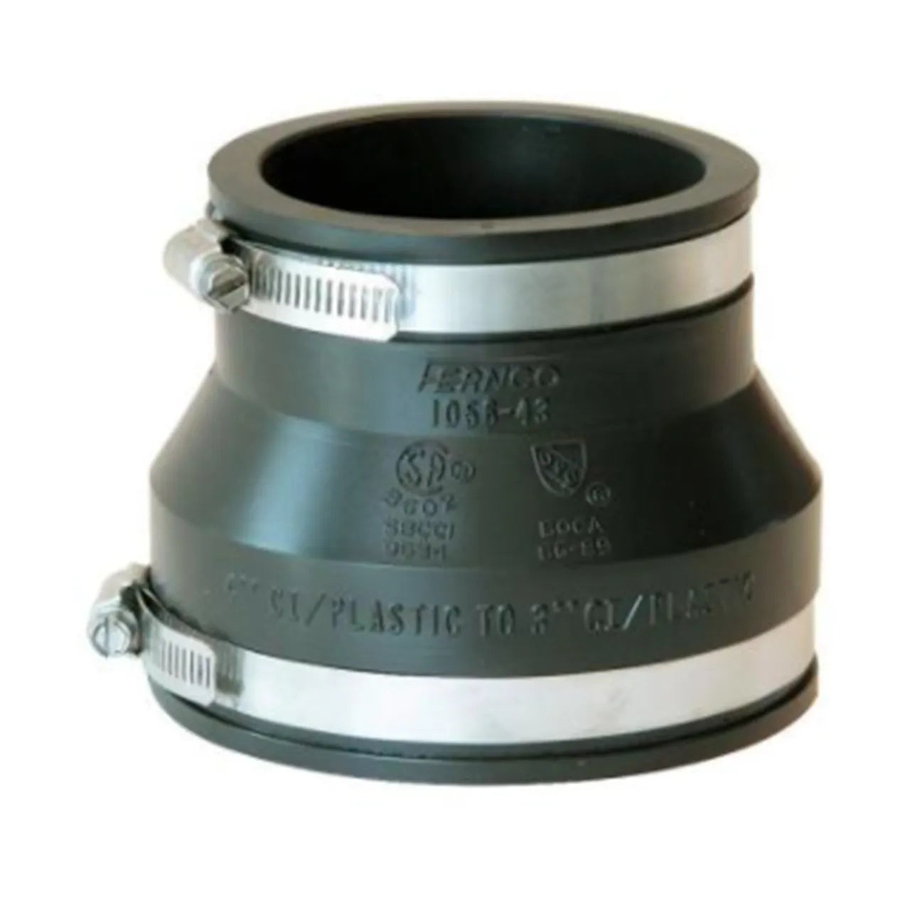 The Go Build 4 in. x 3 in. Flexible PVC Coupling features stainless steel clamps for connecting pipes of different sizes. Ideal as a sewer pipe coupling for reliable plumbing connections. Black, labeled with product info.